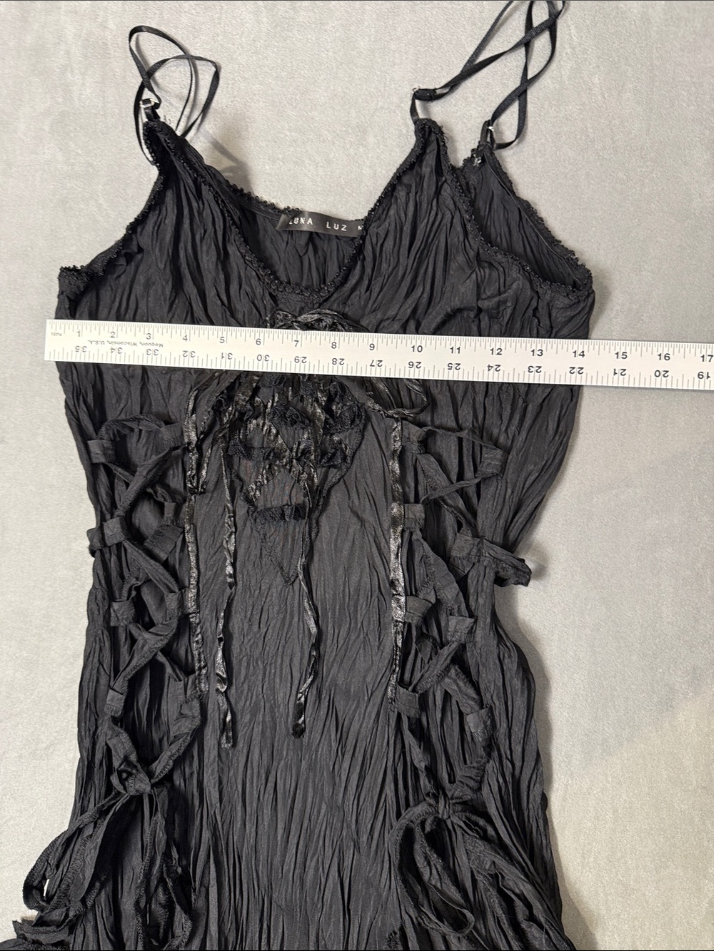 Luna Luz Black Crinkle Spaghetti-Strap Midi Dress, goth inspired! - Picture 5 of 9